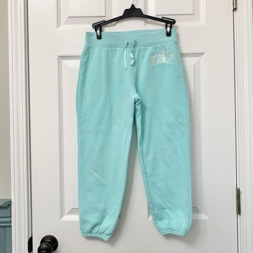 2/$20! Gap Girls Logo Fleece Sweatpant Cropped Aqua Arch Sequined Size XXL 12-14